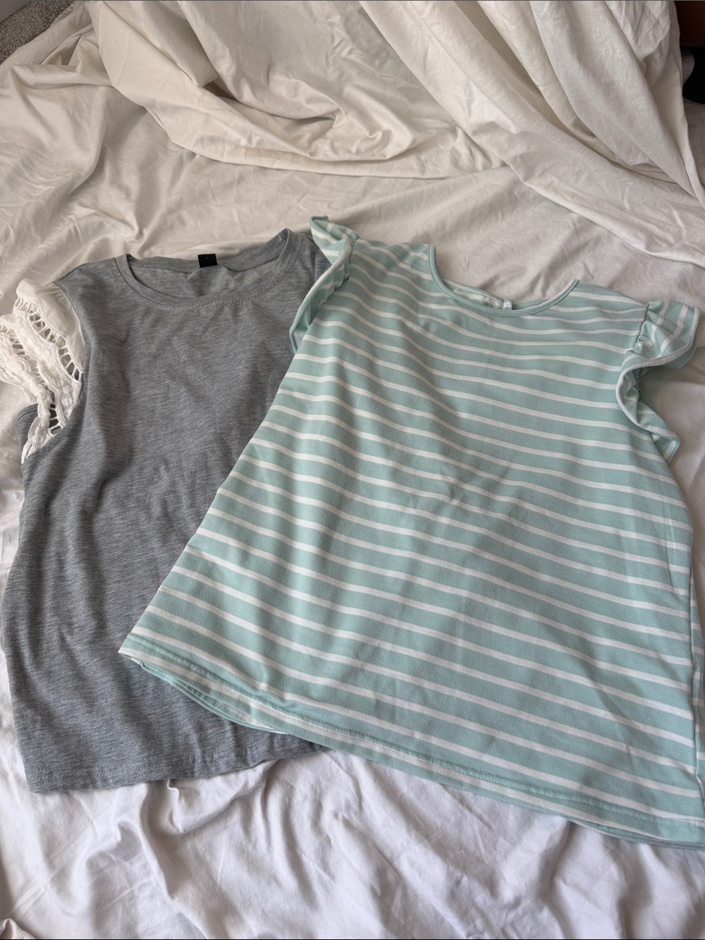 Women’s Striped Mint & Grey w/ White Ruffle Sleeve Top